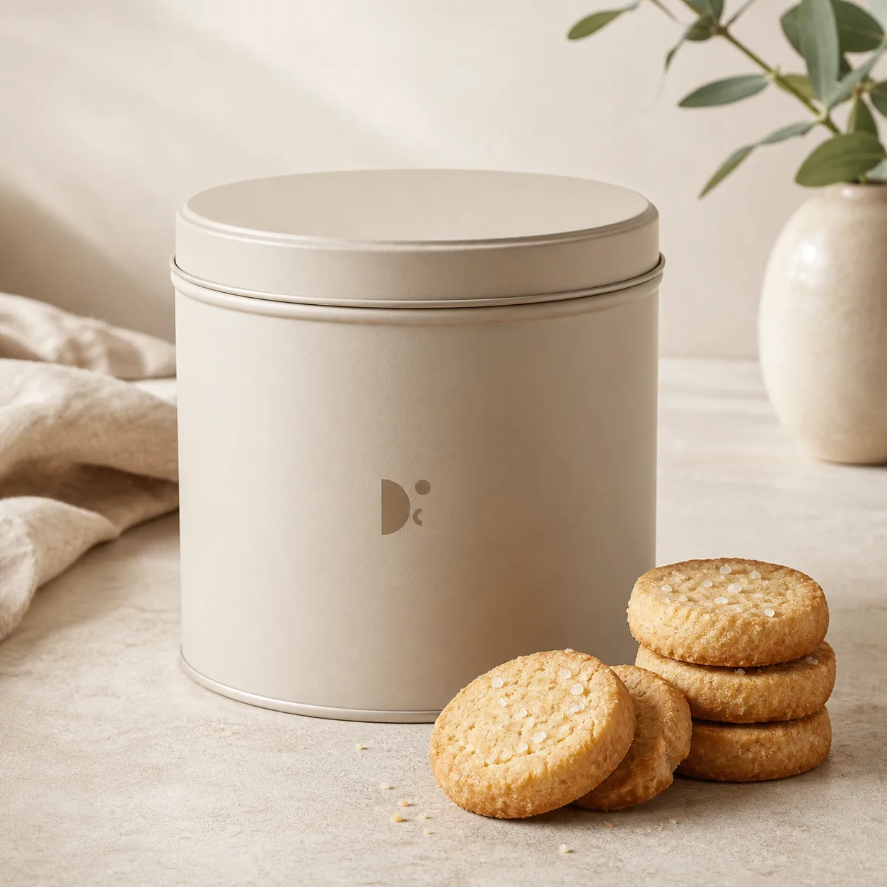 Minimal cookie tin with salted cookies on a warm neutral surface.