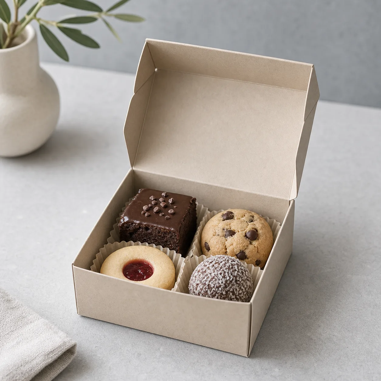 Small plain paper dessert box with assorted sweets on a cool tabletop.