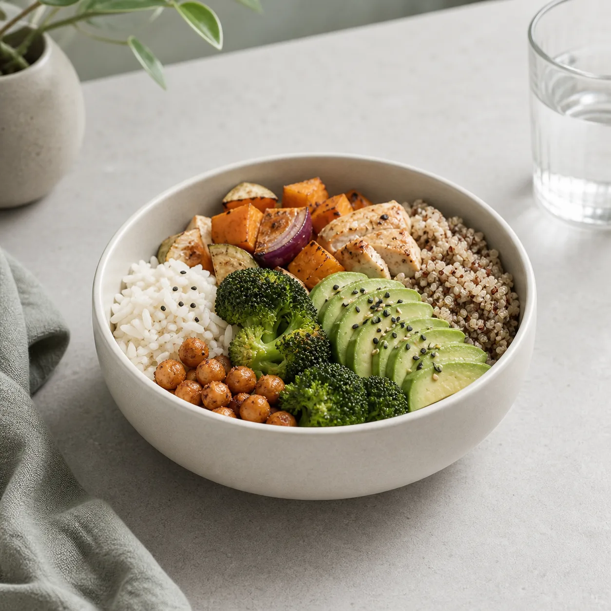 Pale ceramic lunch bowl with rice, vegetables, grains, and warm ingredients.