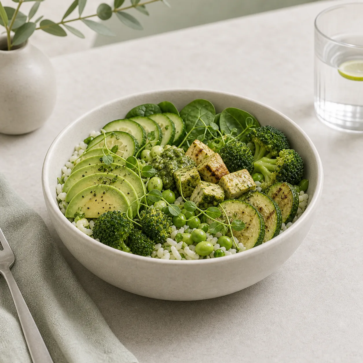 Green rice bowl with vegetables and herbs in a pale ceramic bowl.