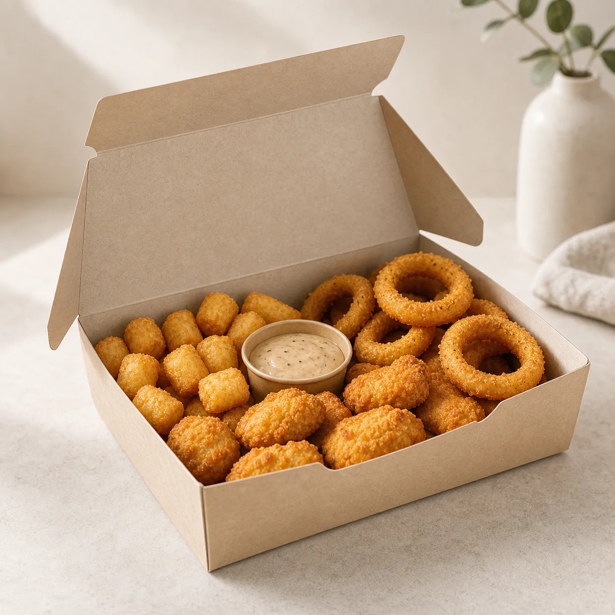 Plain kraft snack box filled with crispy bites and an unbranded dip cup.