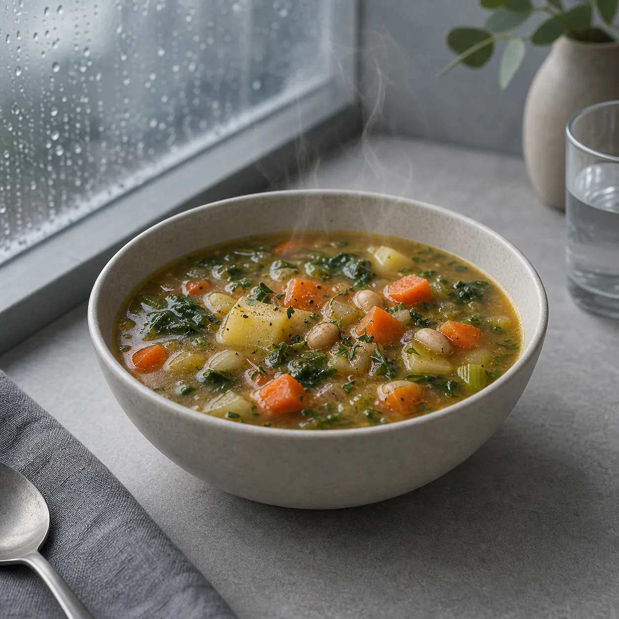Warm vegetable soup in a ceramic bowl beside a rainy window.