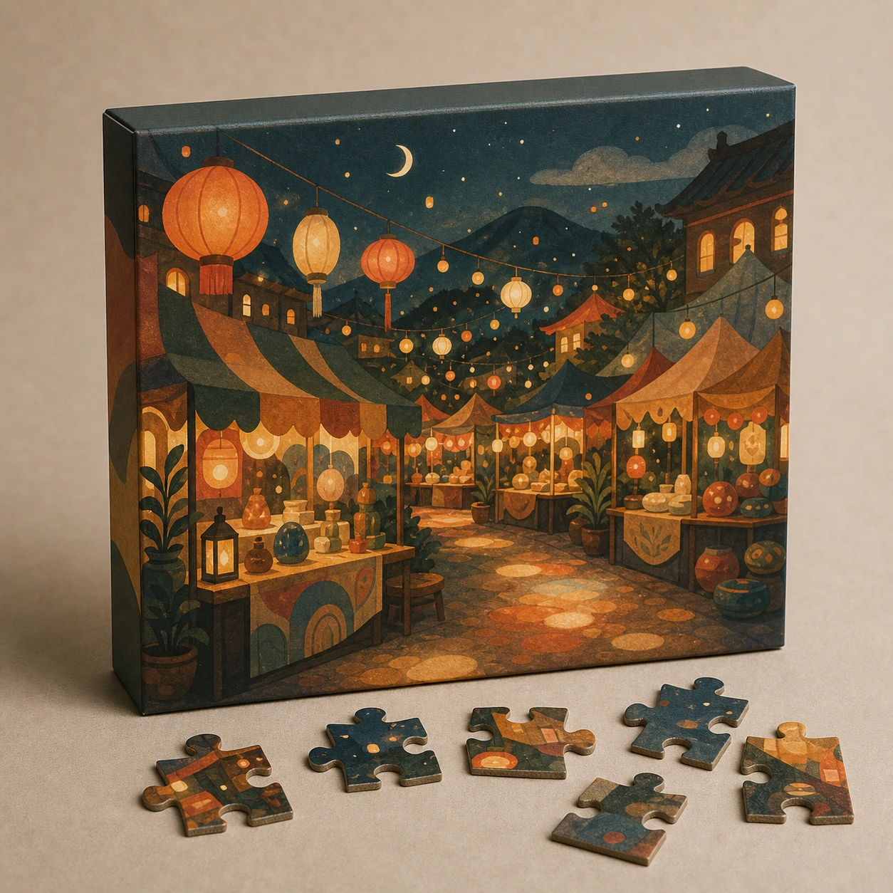 Realistic studio product card for Night Market 1000, a fictional jigsaw puzzle item.