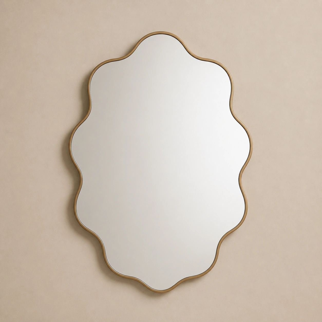 Realistic studio product card for Wavy Edge Mirror, a fictional home item.
