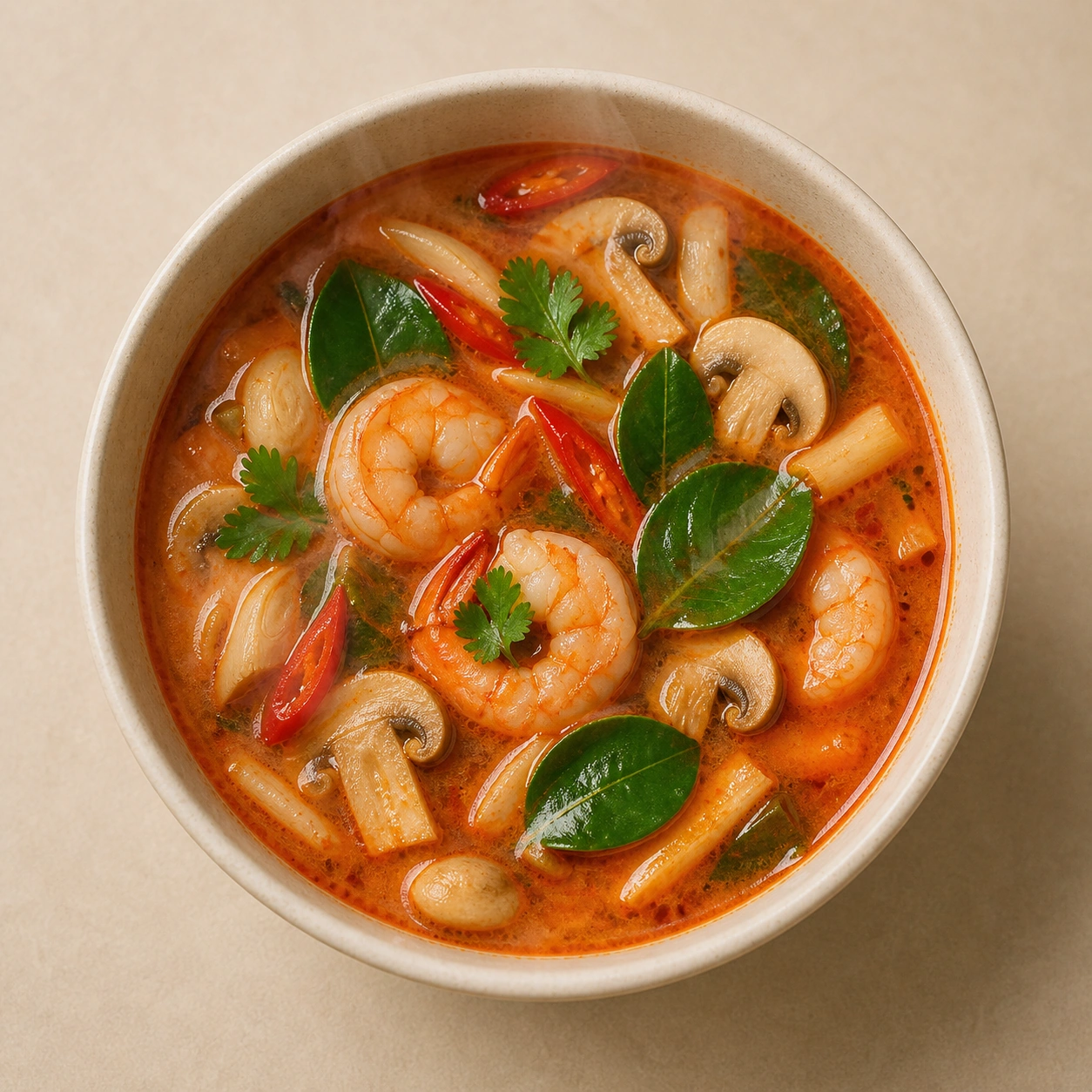 Realistic studio food card for Tom Yum Soup, a fictional soup item.