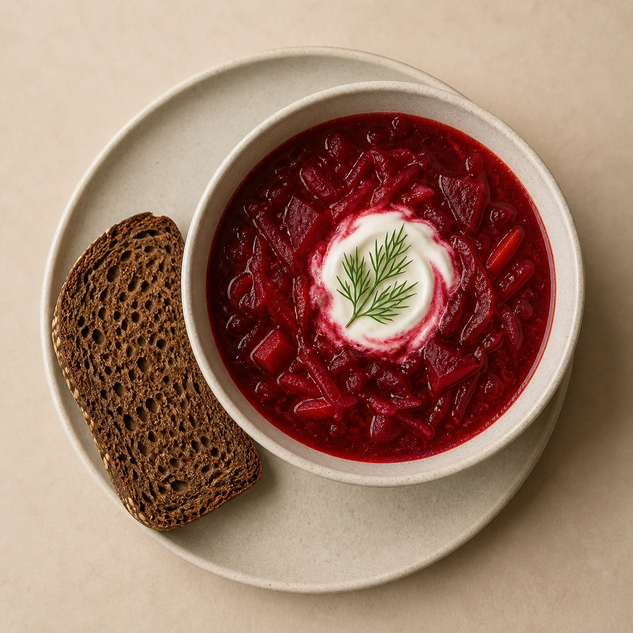 Realistic studio food card for Ruby Borscht, a fictional soup item.
