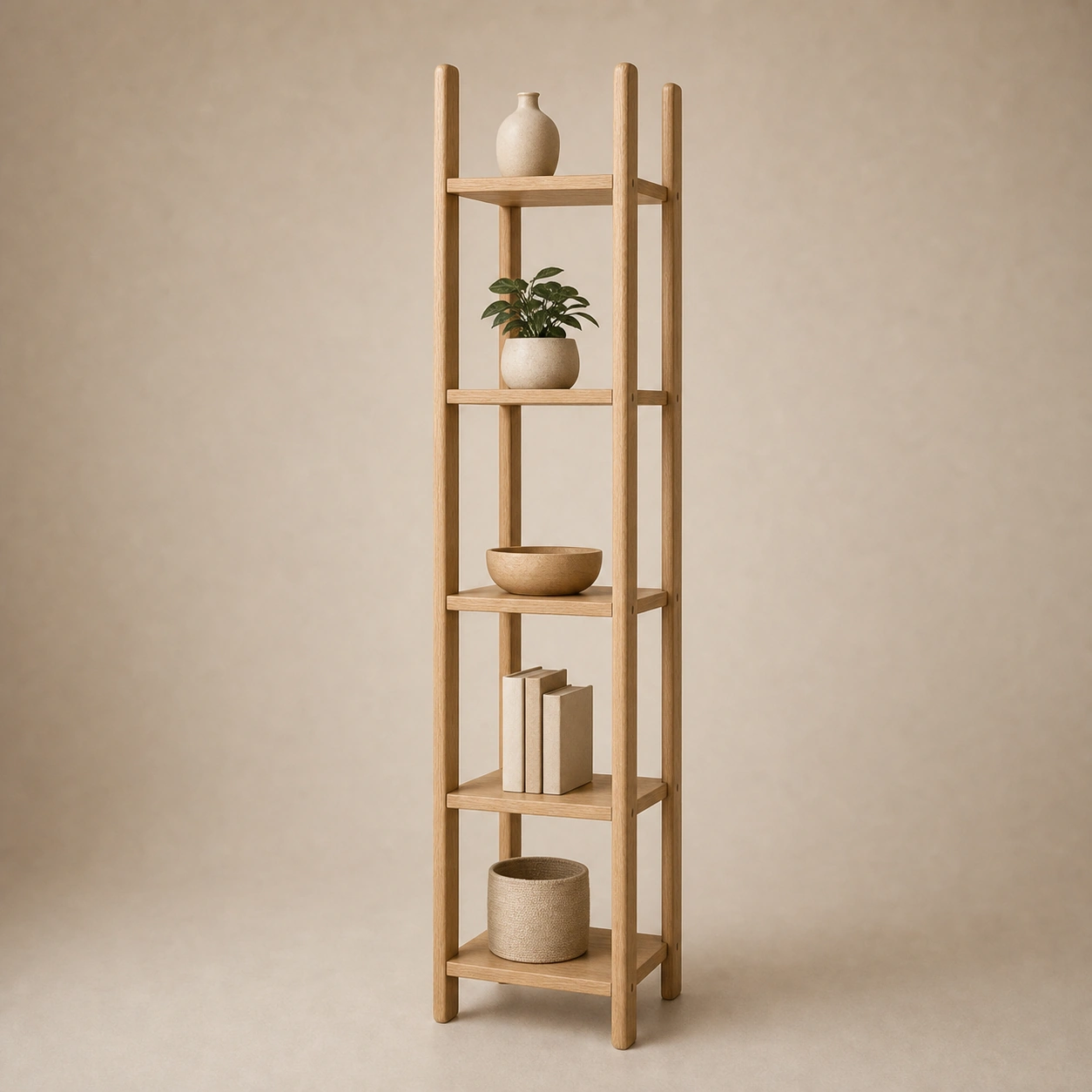 Realistic studio product card for Tall Shelf Tower, a fictional shelving item.