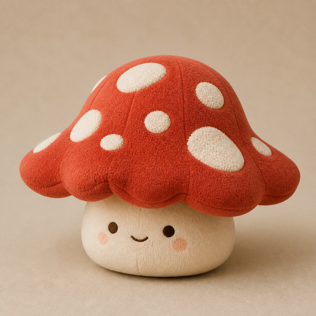 Realistic studio product card for Mushroom Pal Plush, a fictional plush toy item.