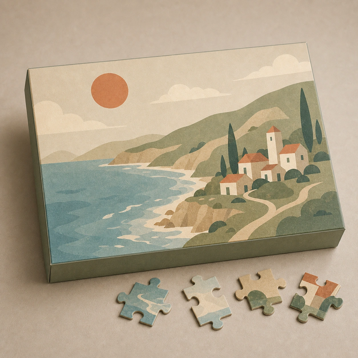 Realistic studio product card for Coastline 1000, a fictional jigsaw puzzle item.