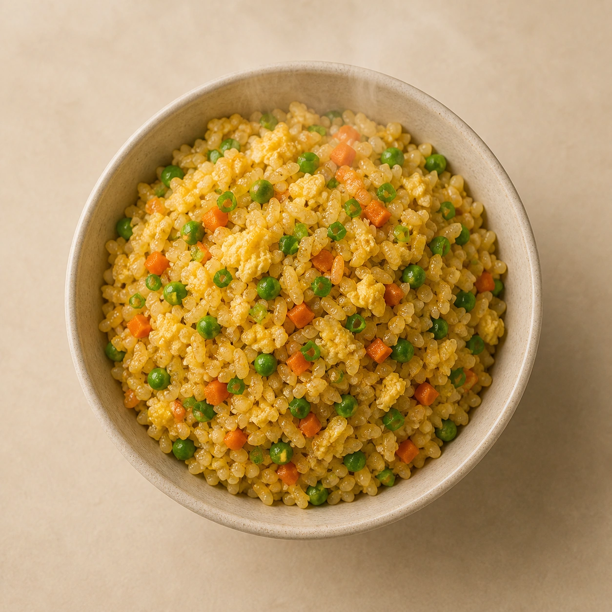 Realistic studio food card for Golden Fried Rice, a fictional bowl item.