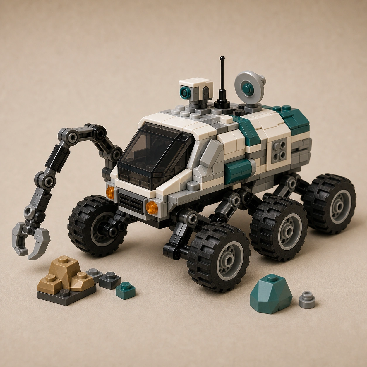 Realistic studio product card for Brick Space Rover, a fictional building brick set item.