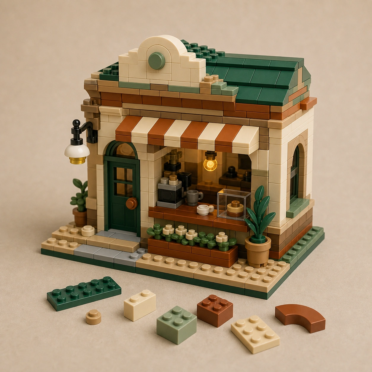 Realistic studio product card for Cozy Café Set, a fictional building brick set item.