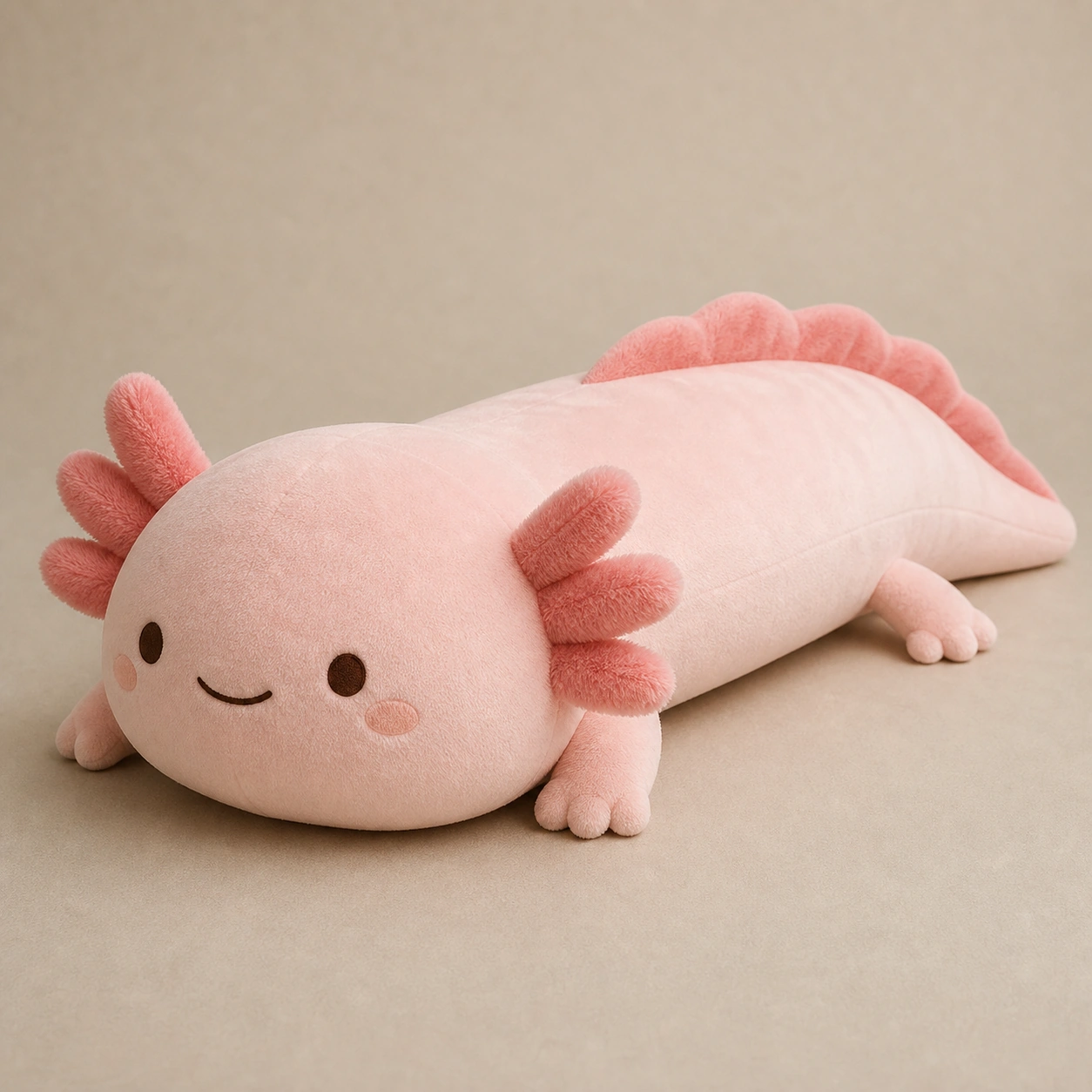 Realistic studio product card for Axolotl Pillow Plush, a fictional plush toy item.