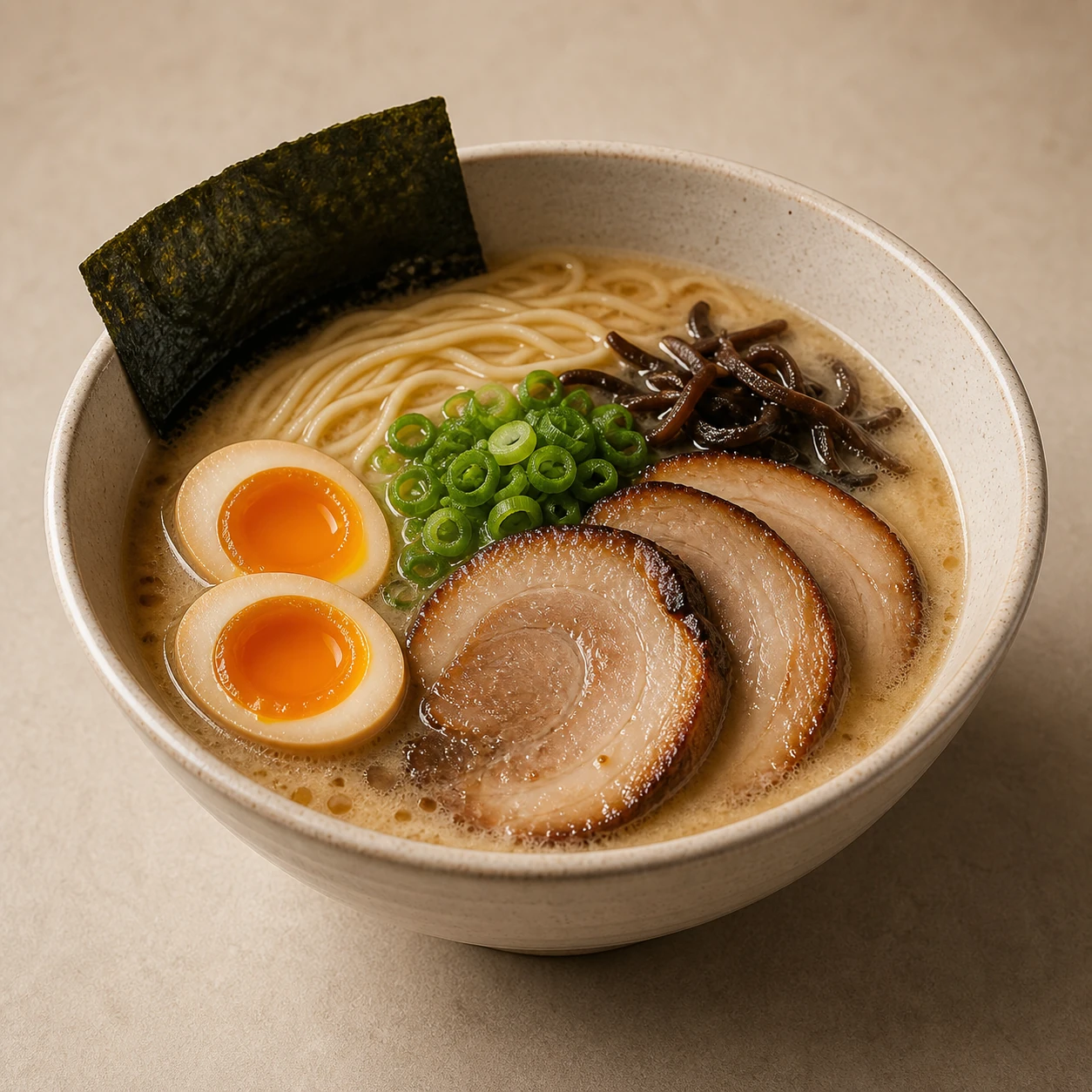 Realistic studio food card for Mison Tonkotsu Ramen, a fictional ramen item.
