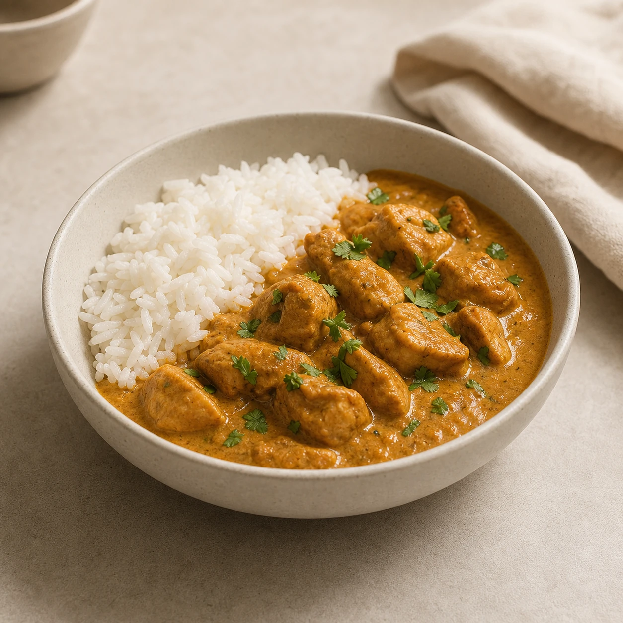 Realistic studio food card for Sabor Chicken Curry, a fictional curry item.