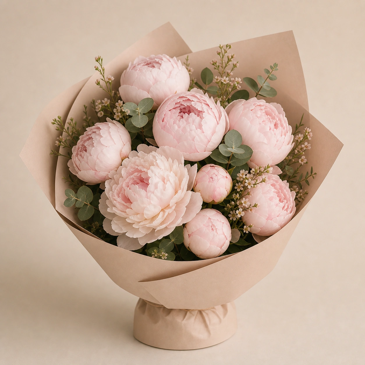 Realistic studio product card for Blush Peony Bouquet, a fictional bouquet item.