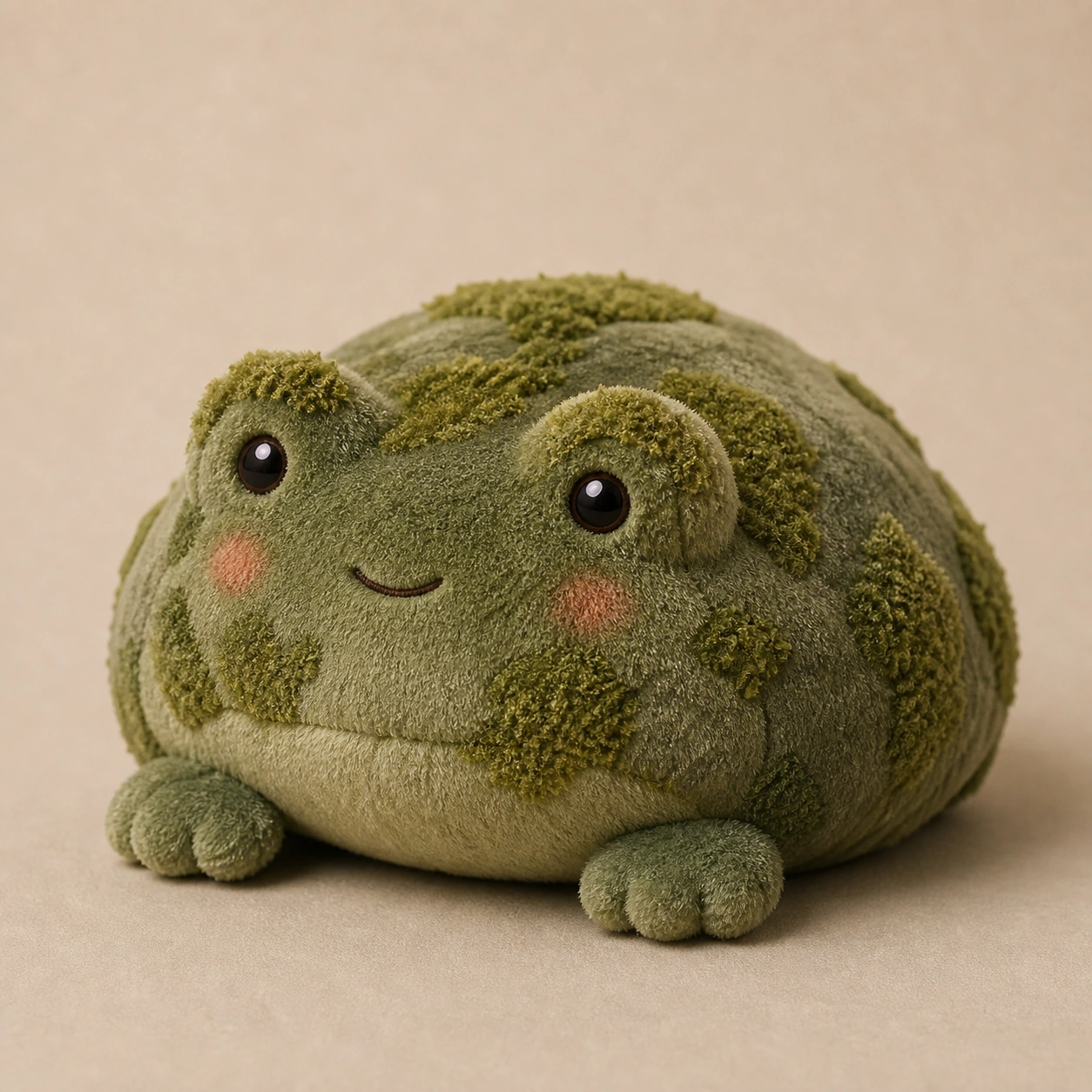 Realistic studio product card for Moss Frog Plush, a fictional plush toy item.