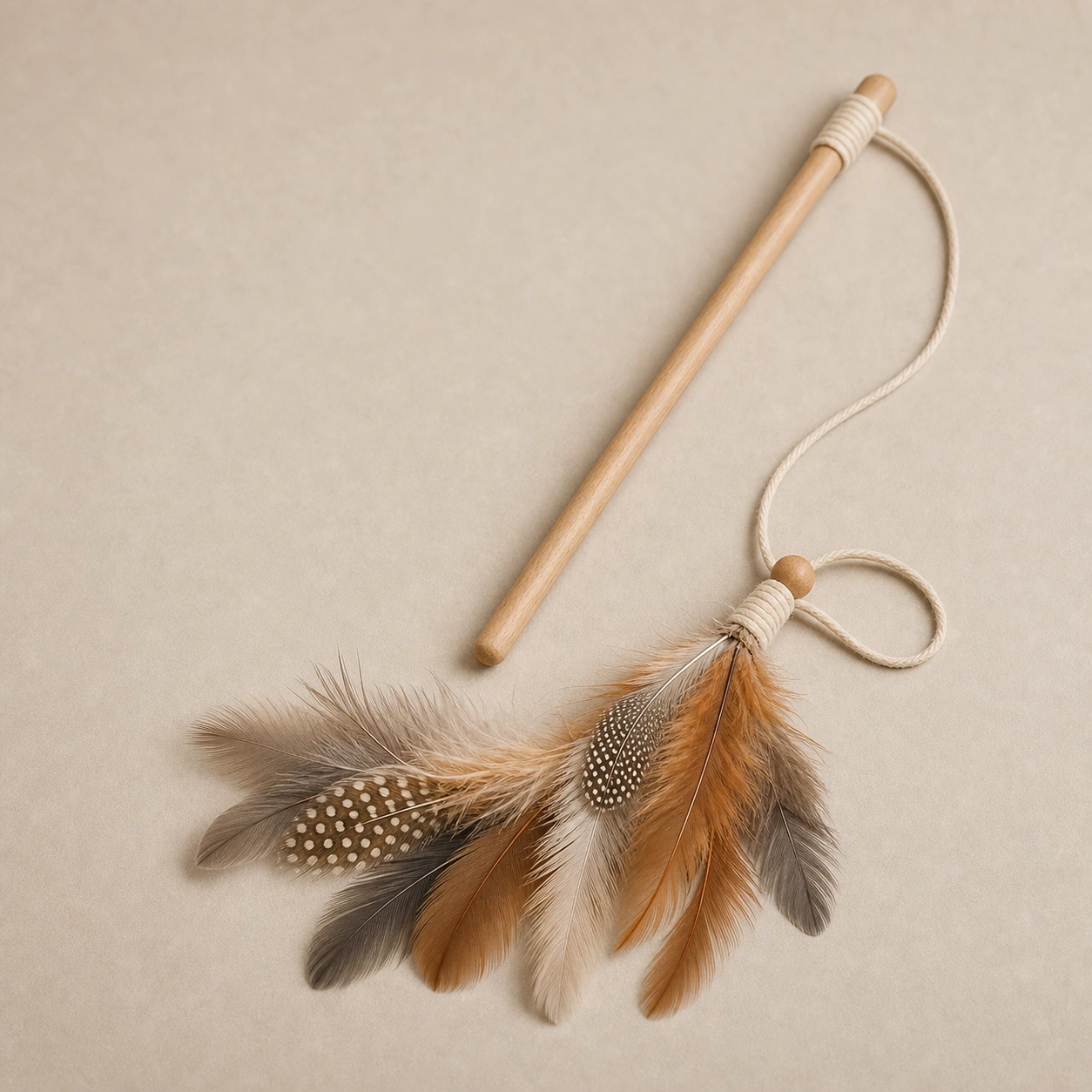 Realistic studio product card for Feather Cat Wand, a fictional pet toy item.