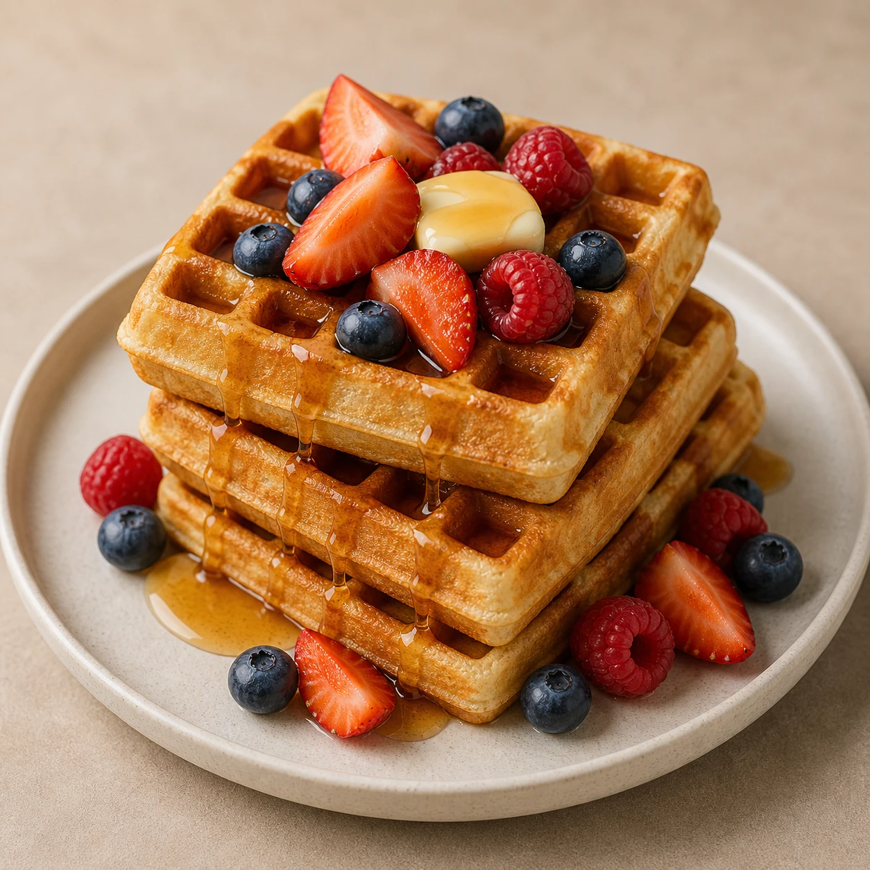 Realistic studio food card for Pufka Waffle Stack, a fictional waffle item.