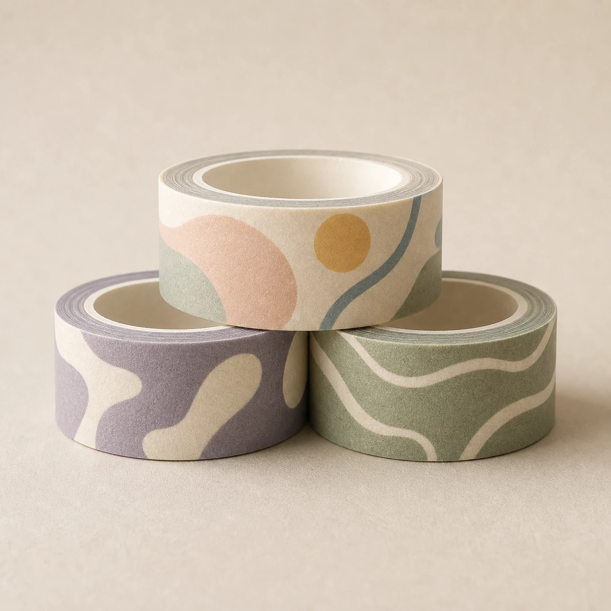 Realistic studio product card for Inka Washi Trio, a fictional stationery item.