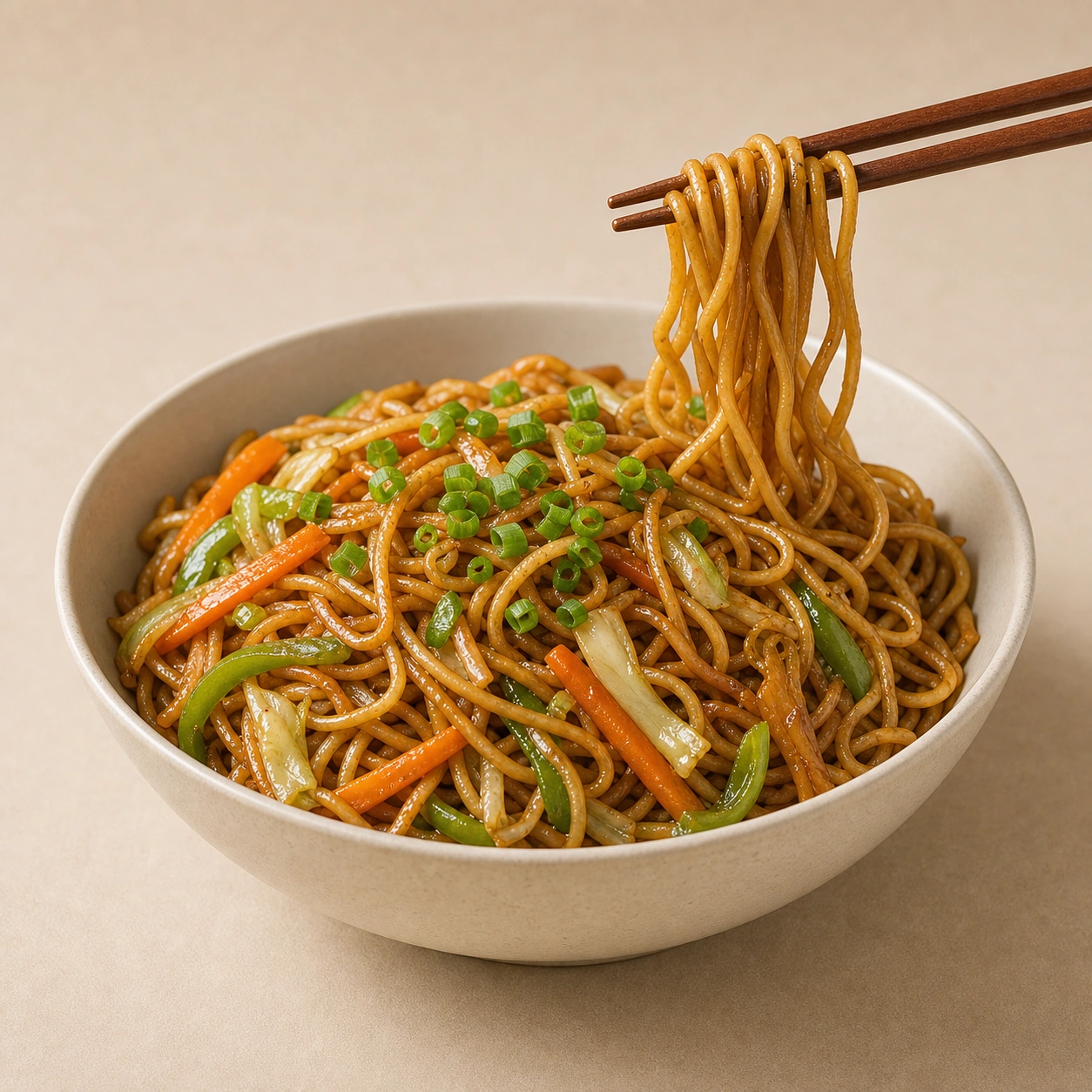 Realistic studio food card for Wok Street Noodles, a fictional noodles item.