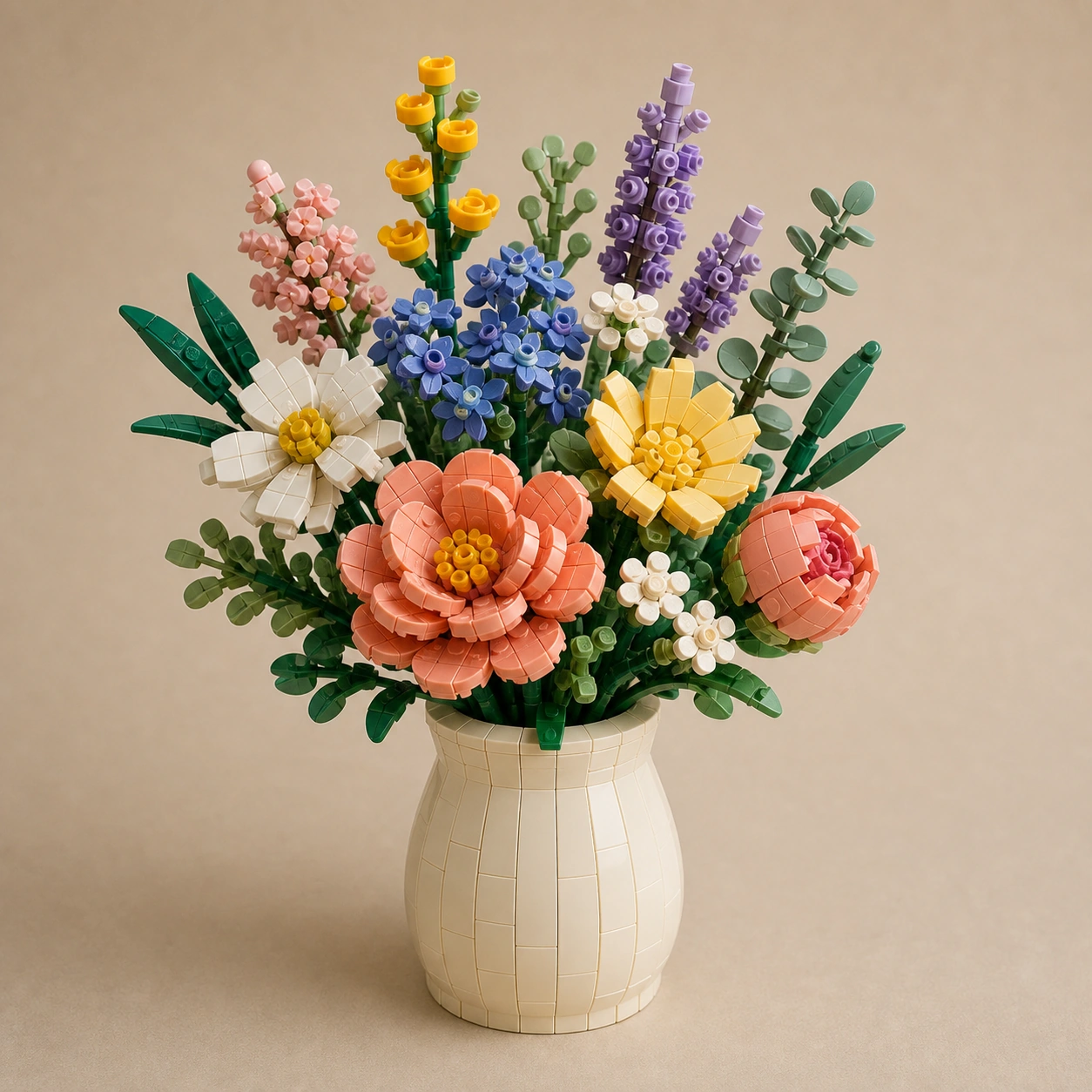 Realistic studio product card for Brick Botanic Bouquet, a fictional building brick set item.