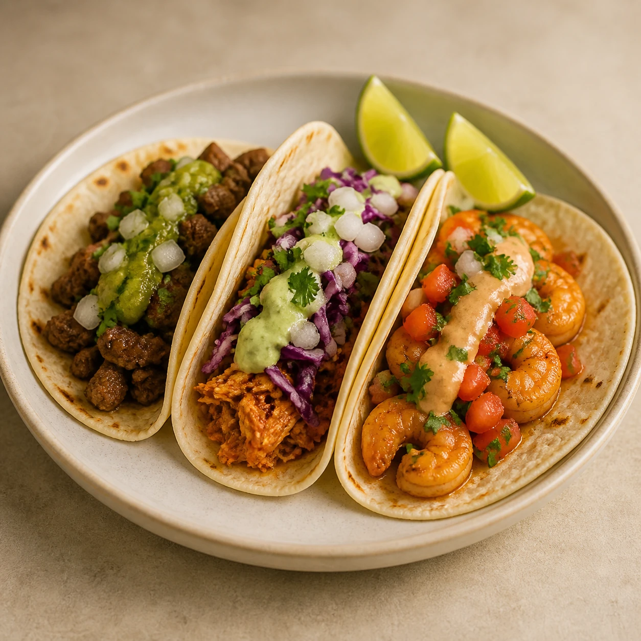 Realistic studio food card for Tortla Street Tacos, a fictional taco item.
