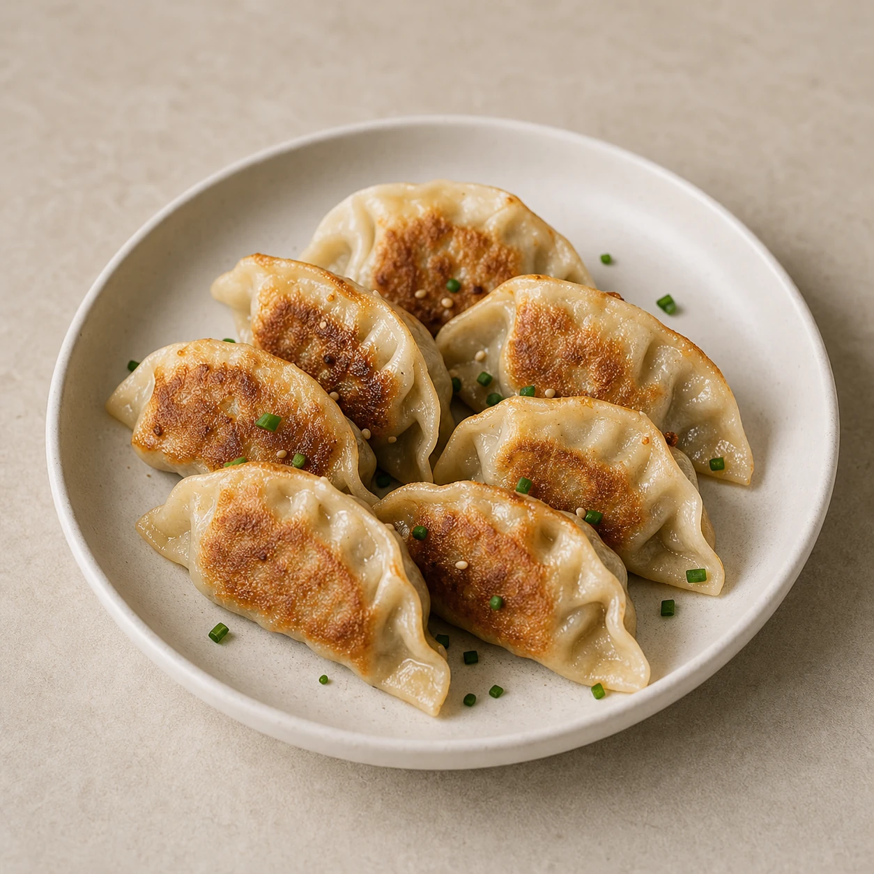 Realistic studio food card for Vushka Pan Dumplings, a fictional dumplings item.